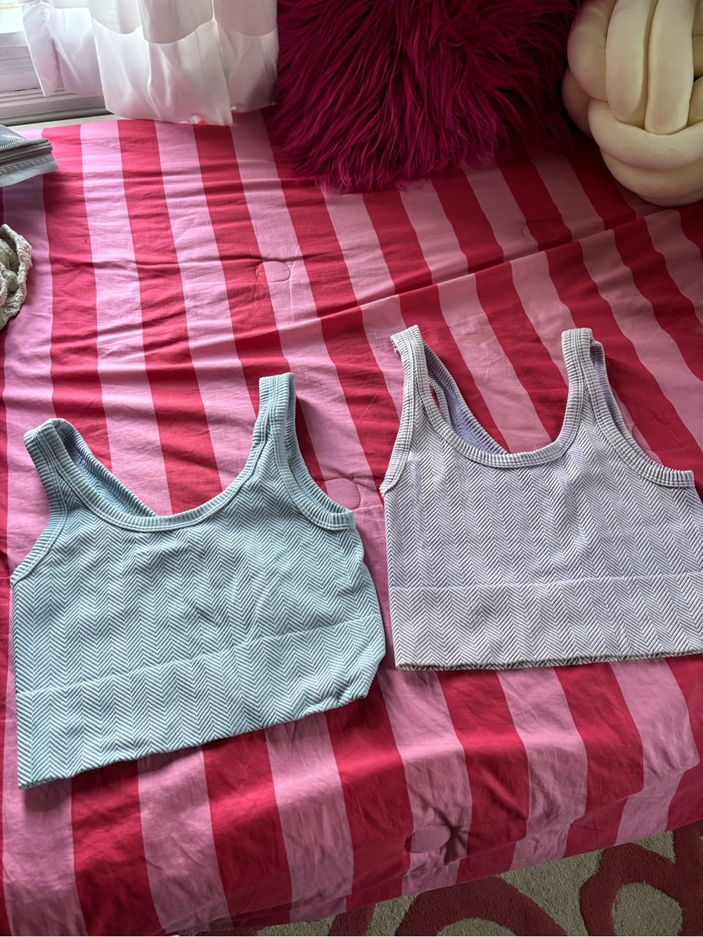 Nikibiki Ribbed Herringbone Crop Tank Top - Pink & Light Blue